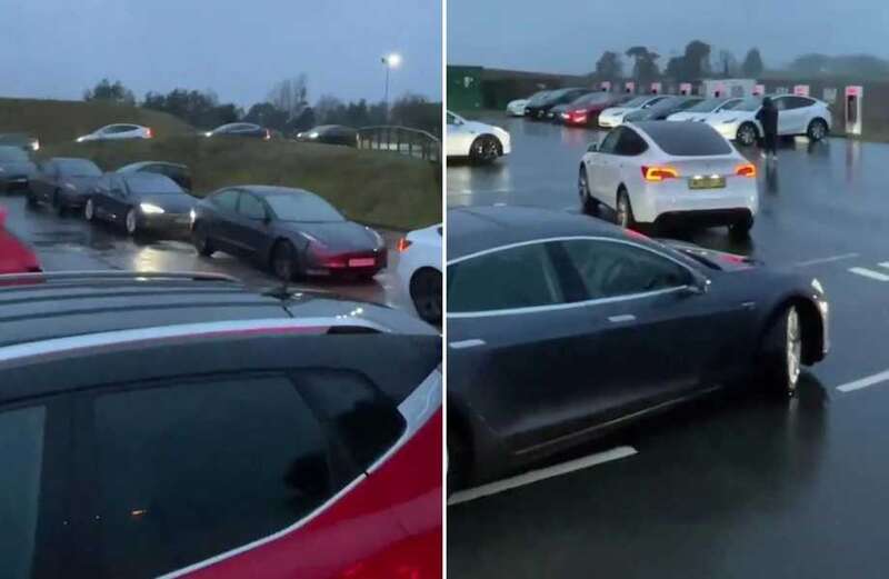 Watch as Tesla drivers are forced to wait hours in queue for charging station