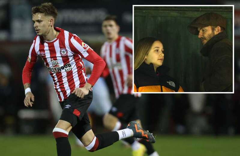 Romeo Beckham cheered on by dad David and sister Harper in Brentford B match