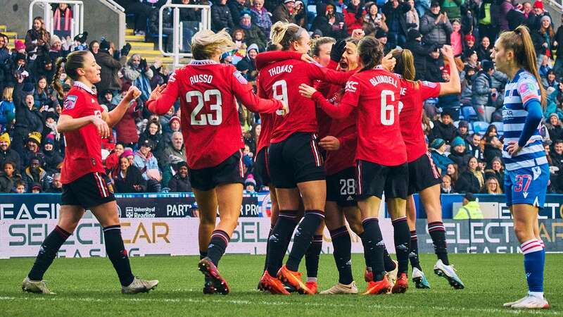 Man United celebrate after scoring dramatic late winner at Reading (Image: Getty Images / 2023 Manchester United FC)