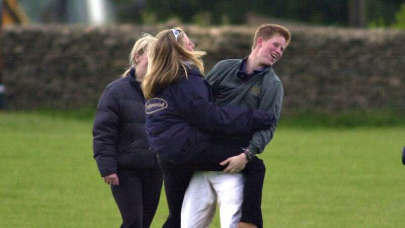 Prince Harry mucking around with friends at the Beaufort Polo Club near Tetbury, Gloucestershire (Image: UK Press via Getty Images)