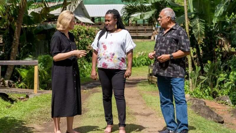 BBC reporter Laura Trevelyan - who is part of a wealthy artistocratic family that once owned slaves - speaks with Grenadians (Image: BBC)