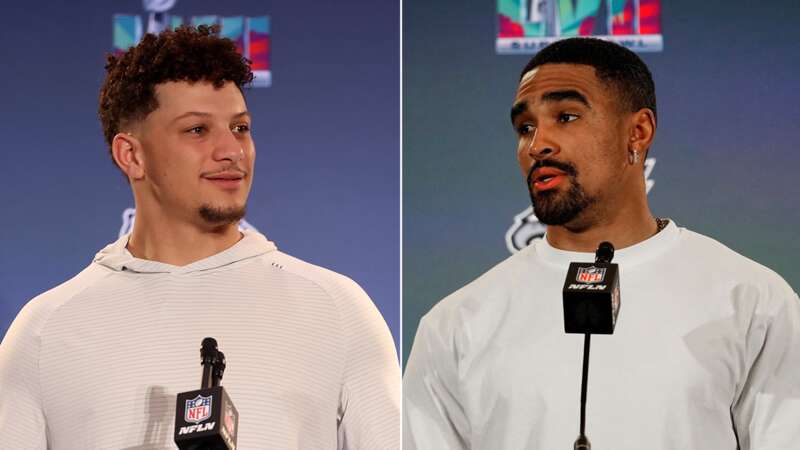 Kansas City Chiefs quarterback Patrick Mahomes, right, and Philadelphia Eagles quarterback Jalen Hurts speak to the media during the NFL football Super Bowl 57 opening night (Image: David J Philip/AP/REX/Shutterstock)