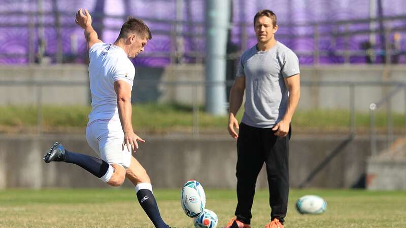 Owen Farrell kicks with Jonny Wilkinson on the eve of 2019 World Cup final in Japan (Image: PA)