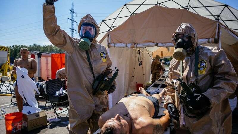 Ukrainian rescuers hold drills outside the Zaporizhzhia Nuclear Plant in August last year (Image: AFP via Getty Images)