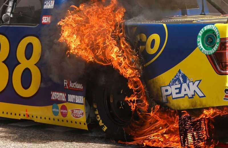 Nascar ace’s car burst into FLAMES after celebratory burnout leaves fans baffled