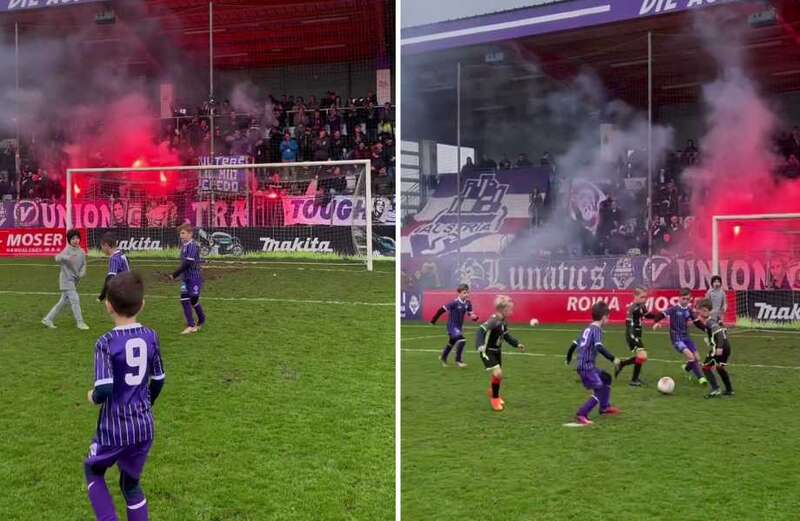 Austrian ultras insane antics as they chant and play drums at U-7’s match