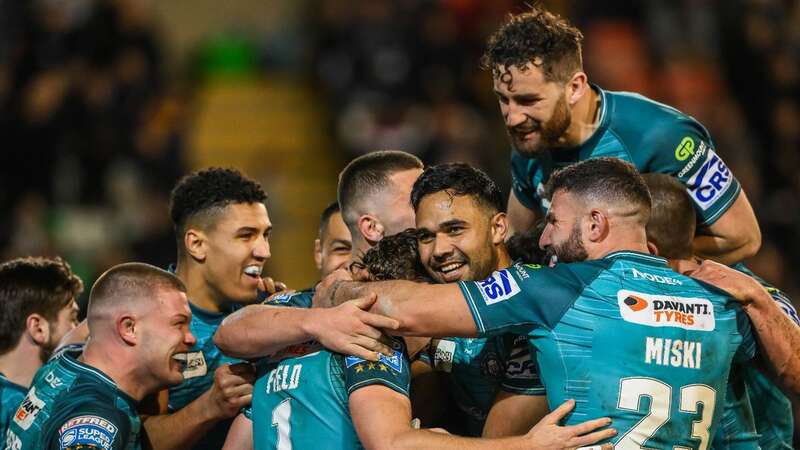 Jai Field celebrates his try during the match against Leigh (Image: Craig Thomas/News Images)