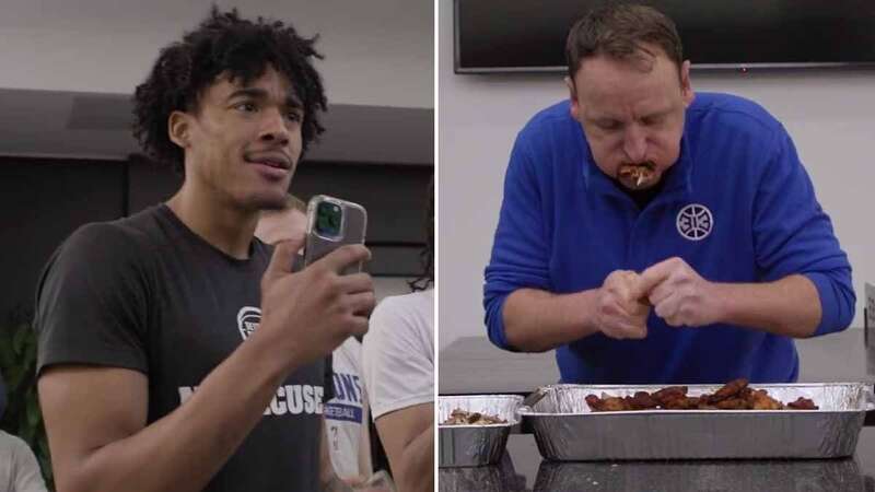 Joey Chestnut left Detroit Pistons stars in shock as he devoured a plate of chicken wings (Image: @DetroitPistons/Twitter)