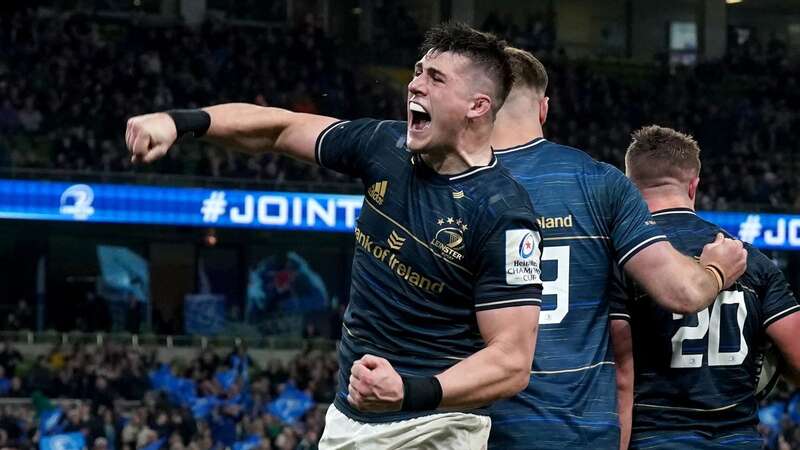 Dan Sheehan celebrates Scott Penny scoring fifth of Leinster