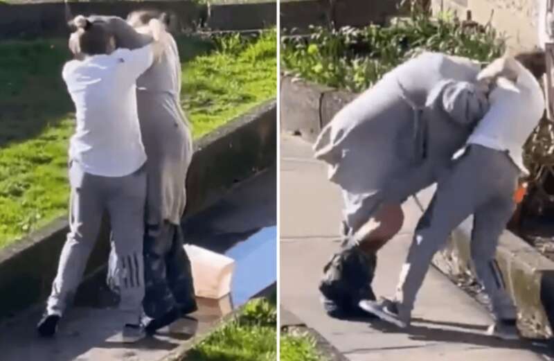 Shocking moment two fuming neighbours start brawling in angry garden punch-up