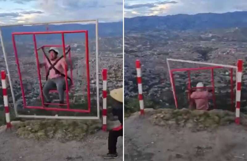 Horrifying moment man plunges down ravine after spinning tourist ride breaks