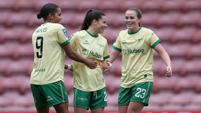 Shania Hayles celebrates with teammates Ffion Morgan and Grace Clinton (Image: Photo by Steve Bardens - The FA/The FA via Getty Images)