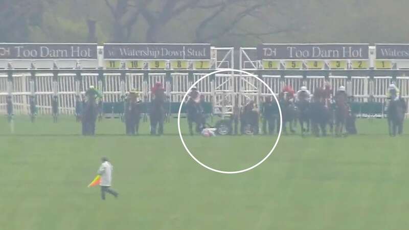 Frankie Dettori (circled) after falling from Chaldean (Image: Racing TV)