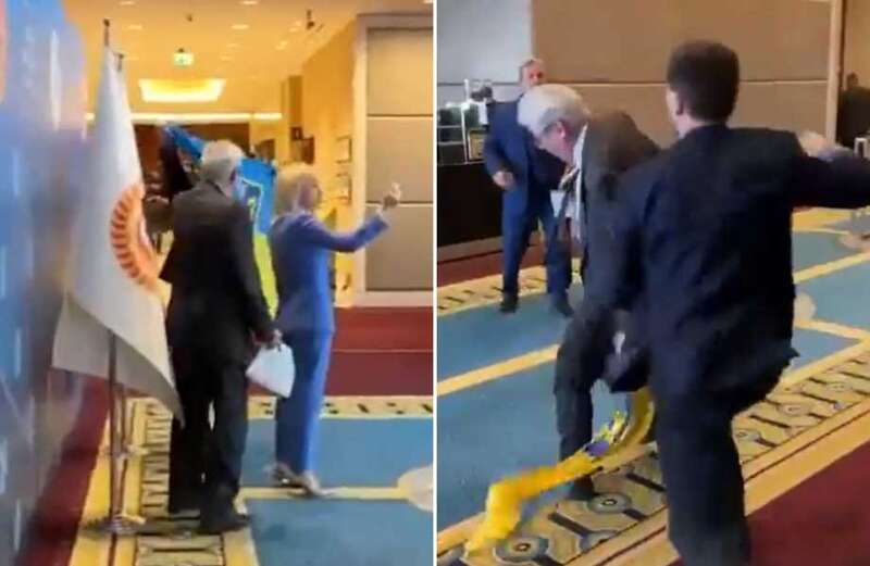 Fist fight erupts when Russian diplomat rips down Ukrainian flag at conference