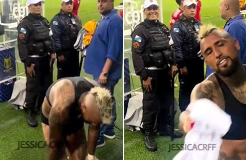 Policeman laughs at Vidal's wardrobe malfunction stripping to give fan SHORTS