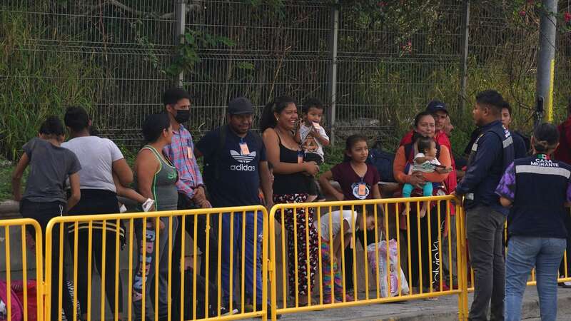 A group of 50 migrants wait outside a Mexican immigration office (Image: AP)