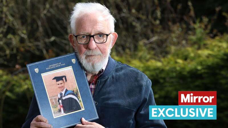 Richard Peck holds a photo of his son Alastair, who died aged 44 after a charity boxing match (Image: NB PRESS LTD)