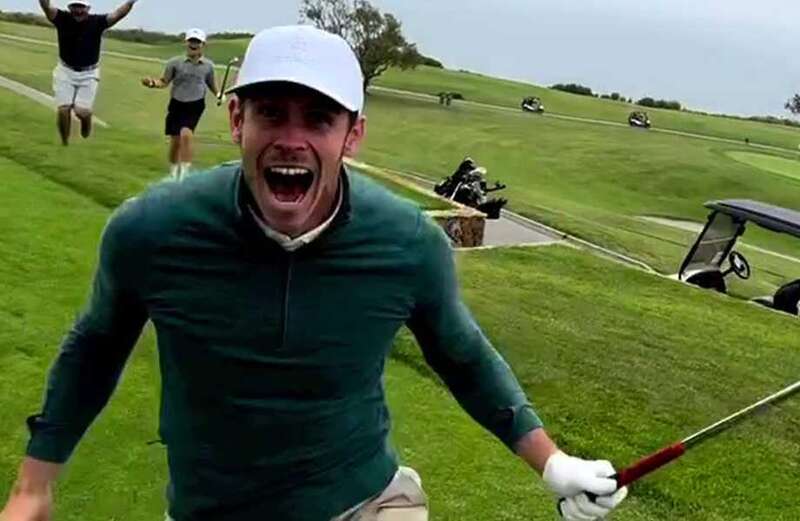 Gareth Bale celebrates wildly after nailing his first ever hole-in-one