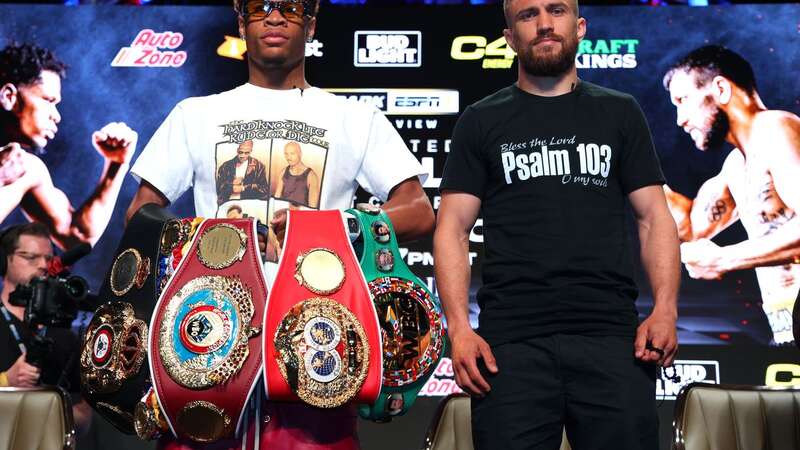 Devin Haney (L) and Vasiliy Lomachenko (R) pose during the press conference prior to their May 20 Undisputed lightweight championship fight