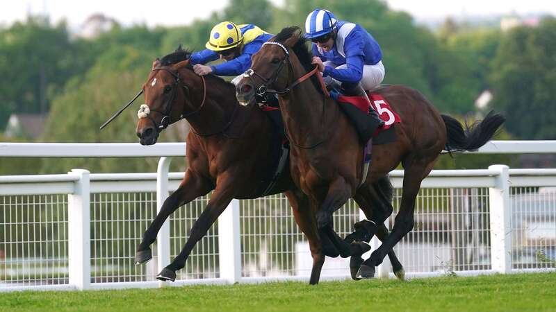 Hukum and Jim Crowley (right) go past 2-5 favourite Desert Crown to win the Racehorse Lotto Brigadier Gerard Stakes at Sandown (Image: PA)