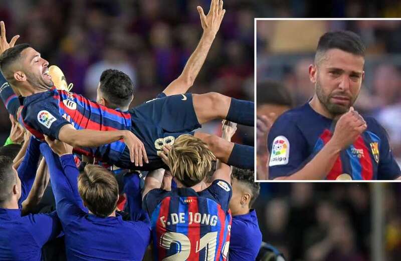 Alba breaks down in tears & is consoled by Barcelona stars as he waves goodbye