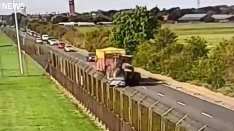 Moment drug-taking teen drives huge tractor into wrong lane and crushes car