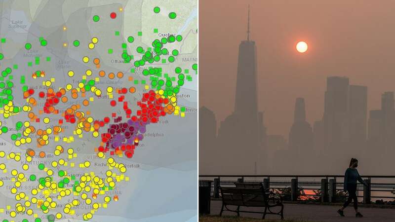 Air quality across the US, New York City Washington DC and Philadelphia are currently at hazardous levels (areas in red and purple).