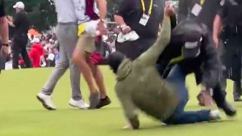 Security tackled Adam Hadwin as Nick Taylor celebrated winning the Canadian Open (Image: @TSN_Sports)