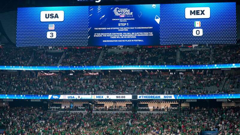 LAS VEGAS, NEVADA - JUNE 15: The video board displays a message that the game has been stopped due to discriminatory chanting during the second half of the 2023 CONCACAF Nations League Semifinal between the United States and Mexico at Allegiant Stadium on June 15, 2023 in Las Vegas, Nevada. (Photo by John Todd/USSF/Getty Images for USSF) (Image: John Todd/USSF/Getty Images for USSF)