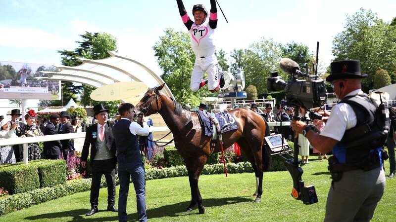 Frankie Dettori jumps for joy after 80th Royal Ascot winner (Image: Getty Images)