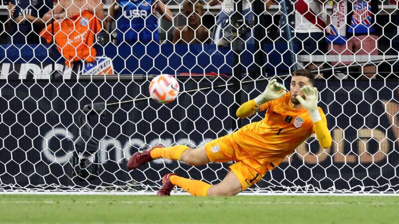 Matt Turner of the United States makes a save against Canada during the penalty shoot out in the quarter final match in the 2023 Concacaf Gold Cup (Image: John Dorton/USSF/Getty Images for USSF)