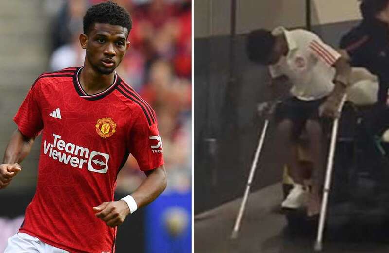 Man Utd star Amad Diallo spotted limping out of stadium on crutches