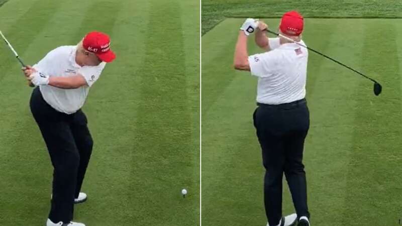 Donald Trump shows off golf swing as he makes appearance at LIV event