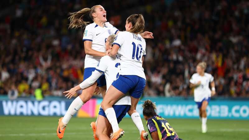 Alessia Russo of England celebrates with teammates Georgia Stanway and Ella Toone after scoring the winner (Image: Naomi Baker - The FA/The FA via Getty Images)