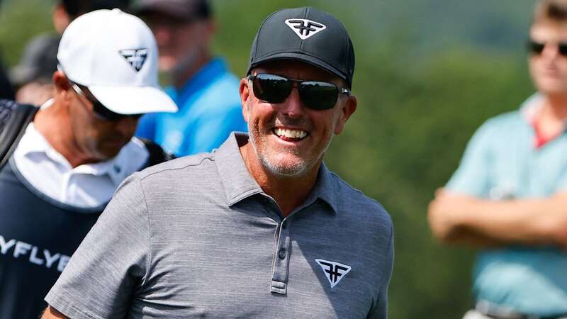 Phil Mickelson was in a playful mood at LIV Bedminster after allegations about his gambling habits were made public. (Image: Rich Graessle/Icon Sportswire via Getty Images)