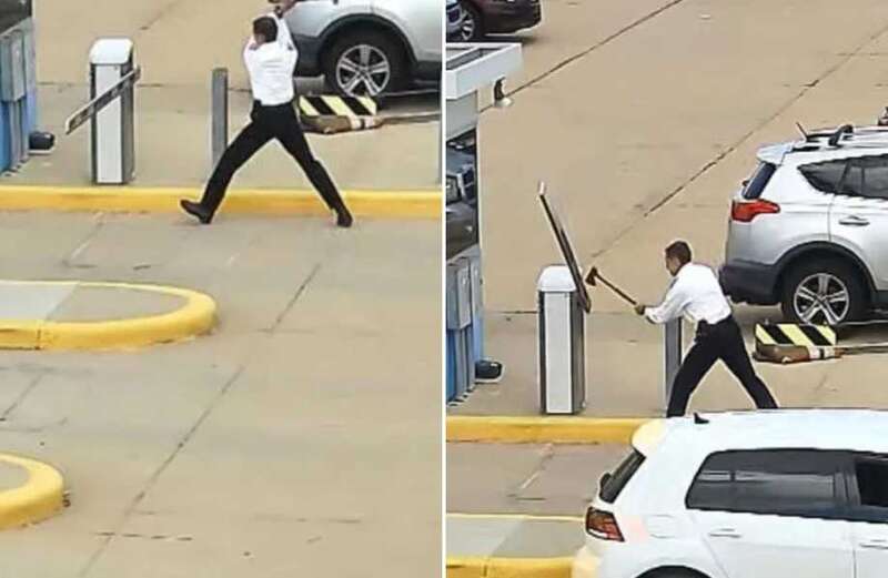 Watch moment airline captain, 63, smashes parking barrier with an AXE