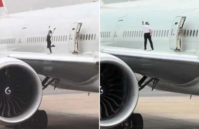 Cabin crew filmed dancing on wing of Boeing in 'life-threatening' stunt