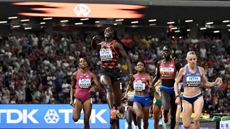 Mary Moraa jumps for joy as she crosses finish line ahead of Hodgkinson (Image: AFP via Getty Images)