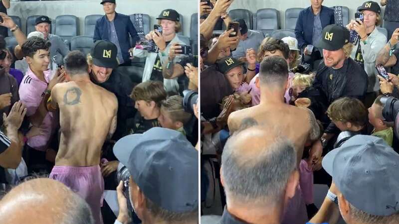 Lionel Messi and Owen Wilson hugging after the LAFC versus Inter Miami game (Image: MLS/ Apple TV/ Twitter)