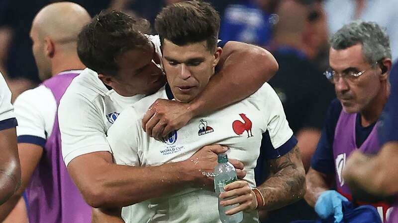 Penaud (left) celebrates with fly-half Matthieu Jalibert after the pair combined to score the all-important try (Image: AFP via Getty Images)