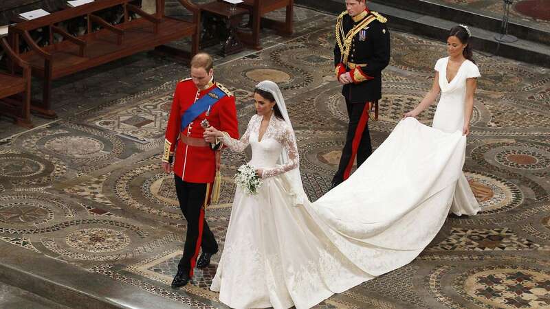 The Royal couple followed by best man Prince Harry and maid of honour Pippa Middleton, leave Westminster Abbey (Image: PA)