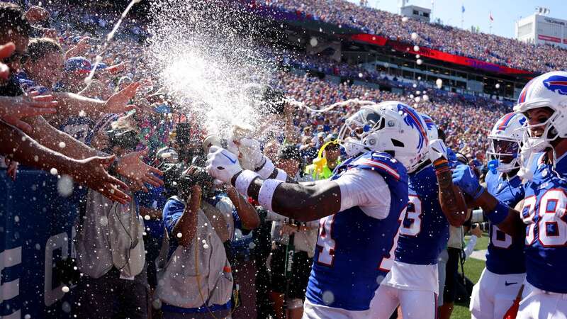 Stefon Diggs #14 of the Buffalo Bills was fined for this touchdown celebration against the Miami Dolphins