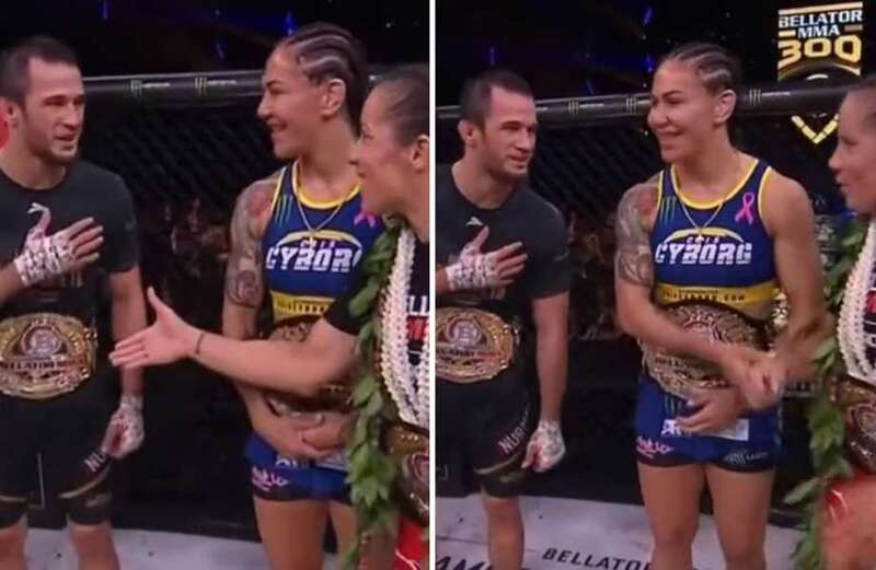 MMA champ has awkward handshake moment with female fighter at Bellator 300