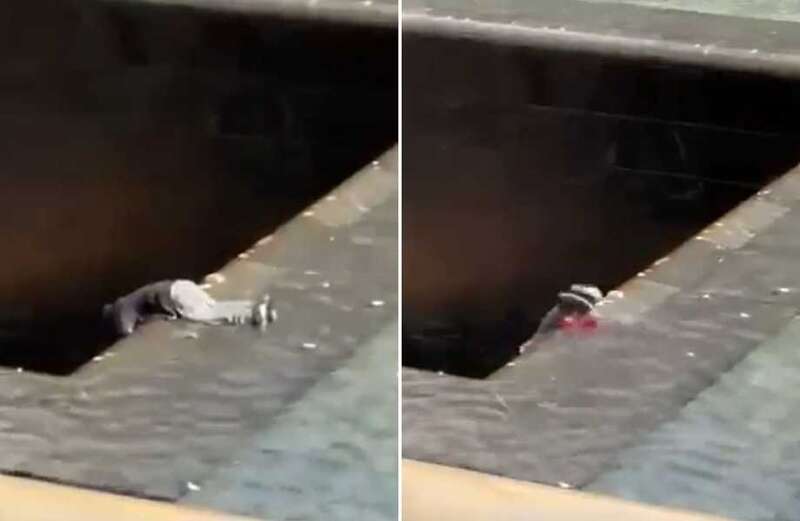 Shock moment bloodied man falls head-first into 9/11 reflection pool memorial