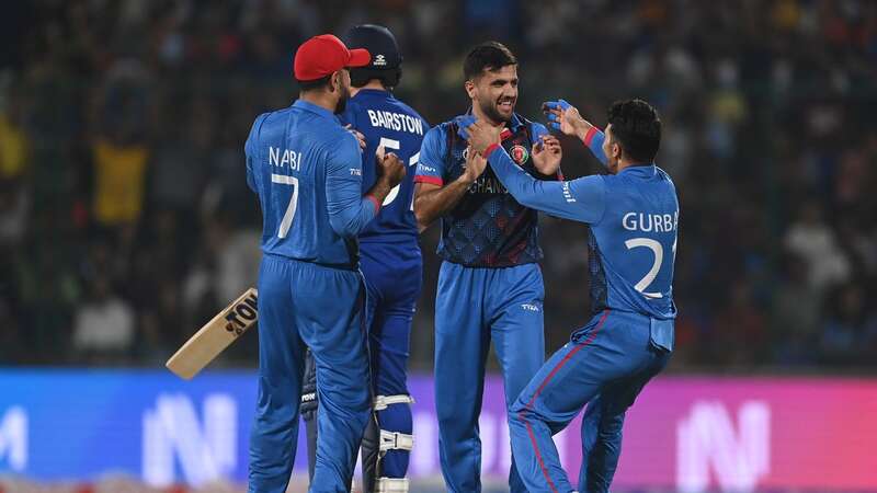 Fazalhaq Farooqi of Afghanistan celebrates the wicket of Jonny Bairstow (Image: Getty)