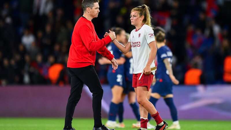 Marc Skinner and Ella Toone at full-time after Manchester United were knocked out of Europe by PSG