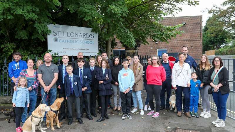 Pupils and parents outside St. Leonard