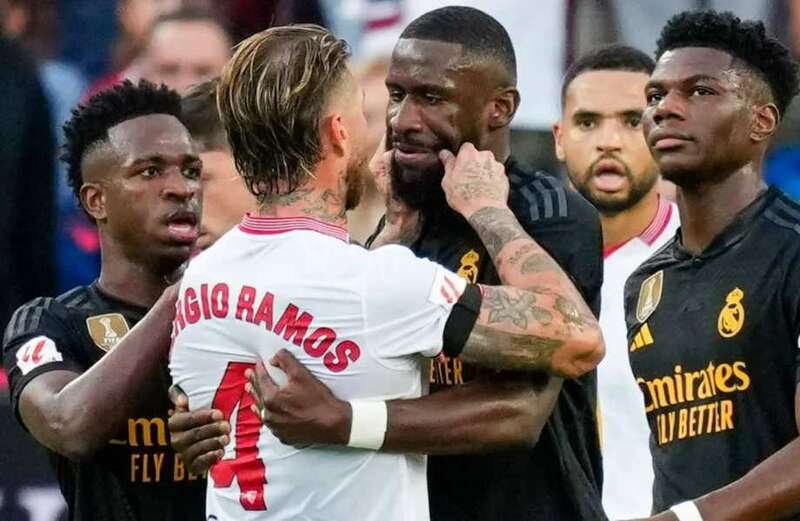 Ramos pulls Rudiger's cheeks in bizarre clash but Real replacement just laughs