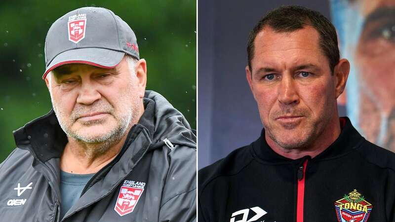 Tonga coach Kristian Woolf, left, and England boss Shaun Wane before the series kicked-off (Image: Olly Hassell/SWpix.com)