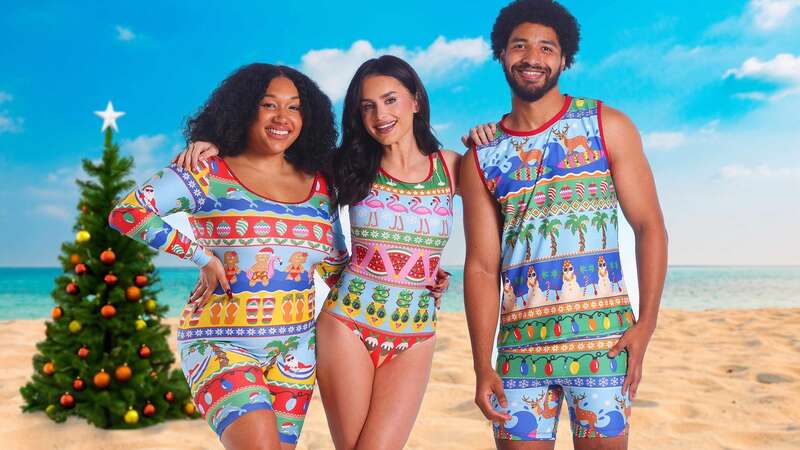 Amber Davies models easyJet Holidays’ new Christmas Jumper beachwear collection. (Image: Joe Pepler/PinPep)